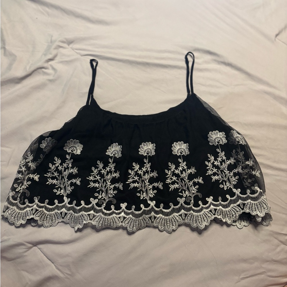 Chic Black Camisole with White Floral Embroidery